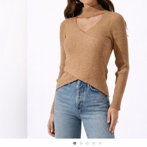 NEW! ASTR the Label Cross Front Ribbed Chic Cutout V-Neck Ribbed Sweater - Camel